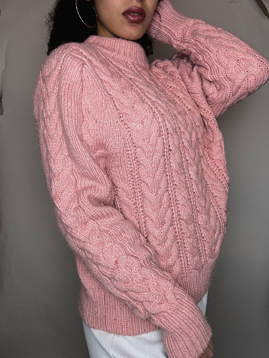 Pull tressé rose L vintage