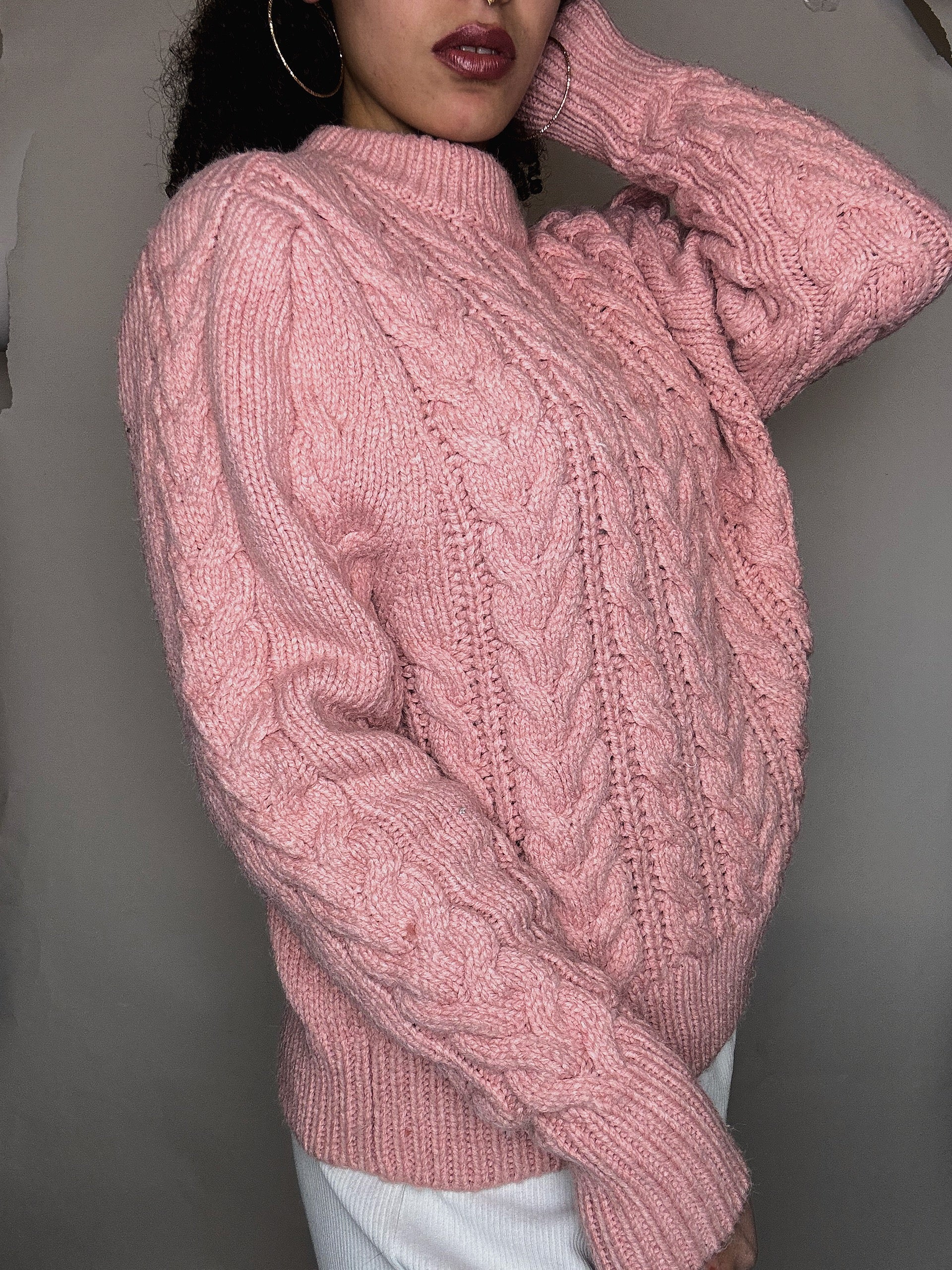 Pull tressé rose L vintage