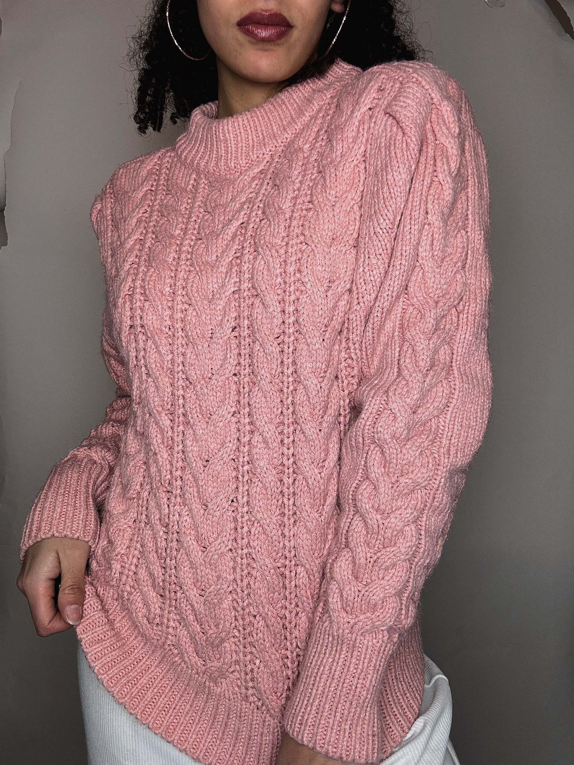 Pull tressé rose L vintage