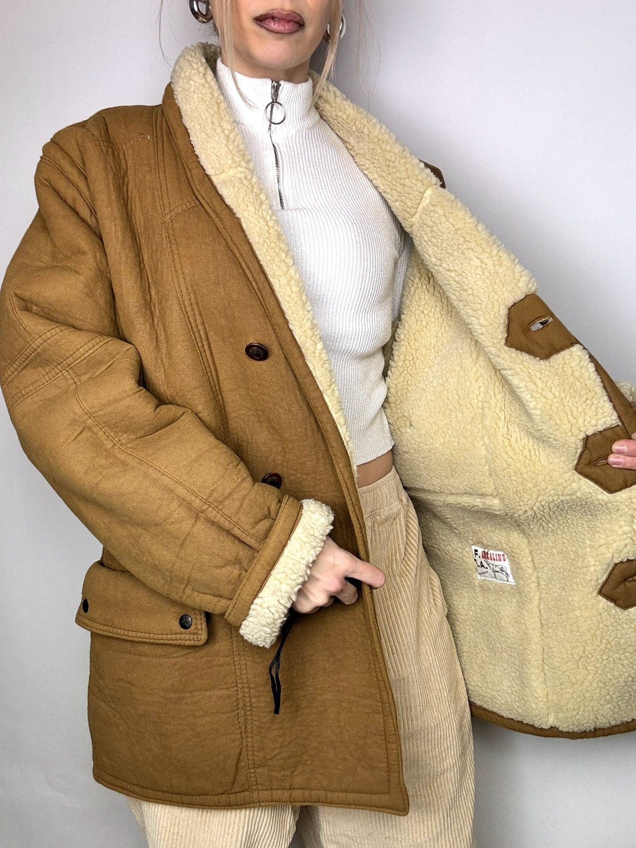 Manteau en peau de mouton retournée camel L/XL vintage