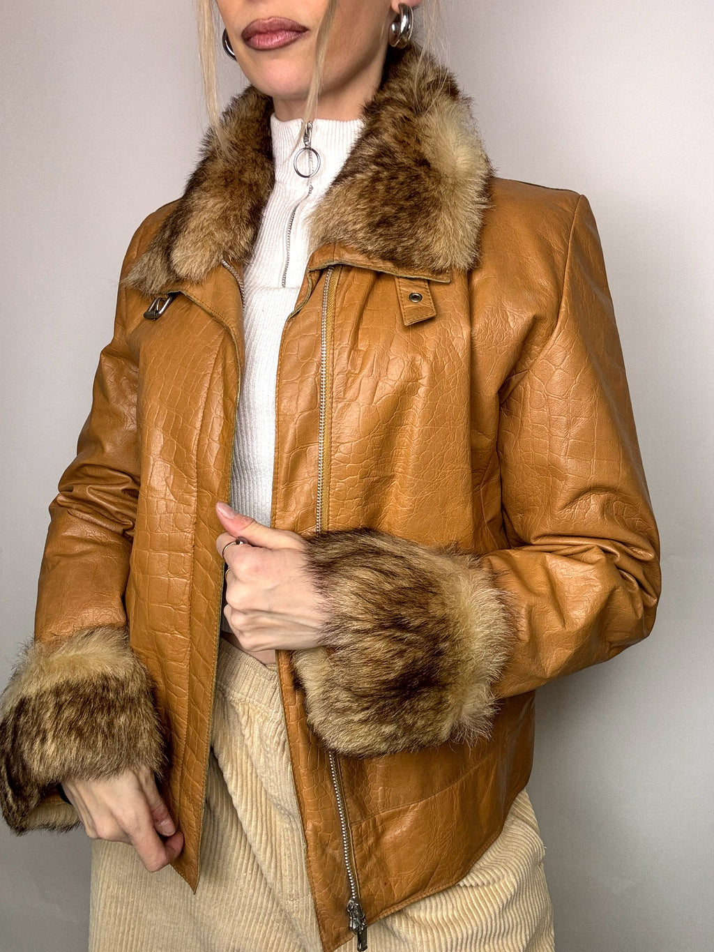 Vintage Camel Kunstfell Lederjacke M/L