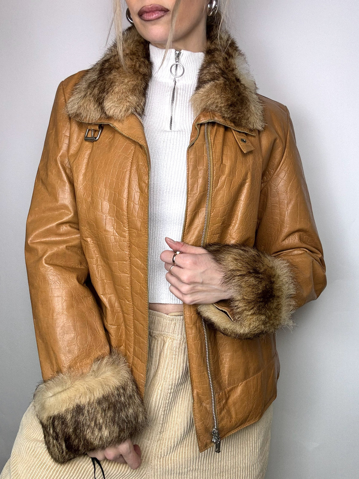 Vintage Camel Kunstfell Lederjacke M/L