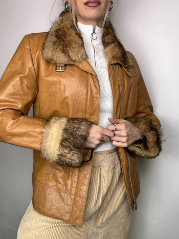 Veste en cuir avec fausse fourrure camel M/L vintage