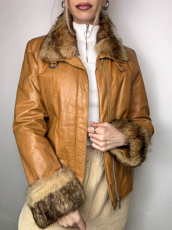 Veste en cuir avec fausse fourrure camel M/L vintage