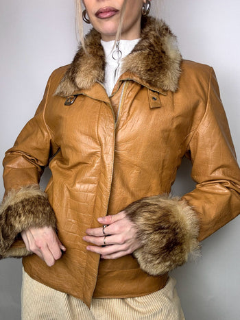 Veste en cuir avec fausse fourrure camel M/L vintage