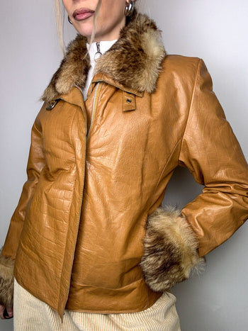 Veste en cuir avec fausse fourrure camel M/L vintage