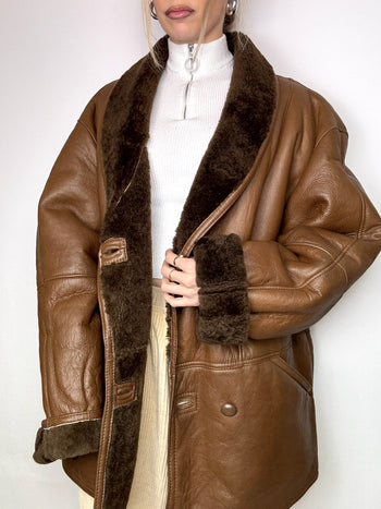 Manteau en peau de mouton retournée marron L/XL vintage