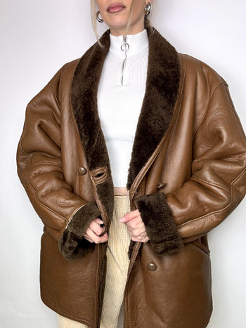 Manteau en peau de mouton retournée marron L/XL vintage