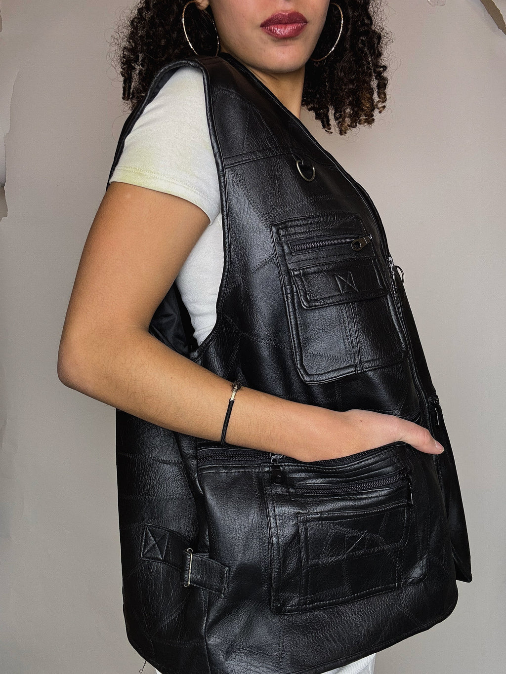 Gilet à poches en imitation cuir L/XL vintage