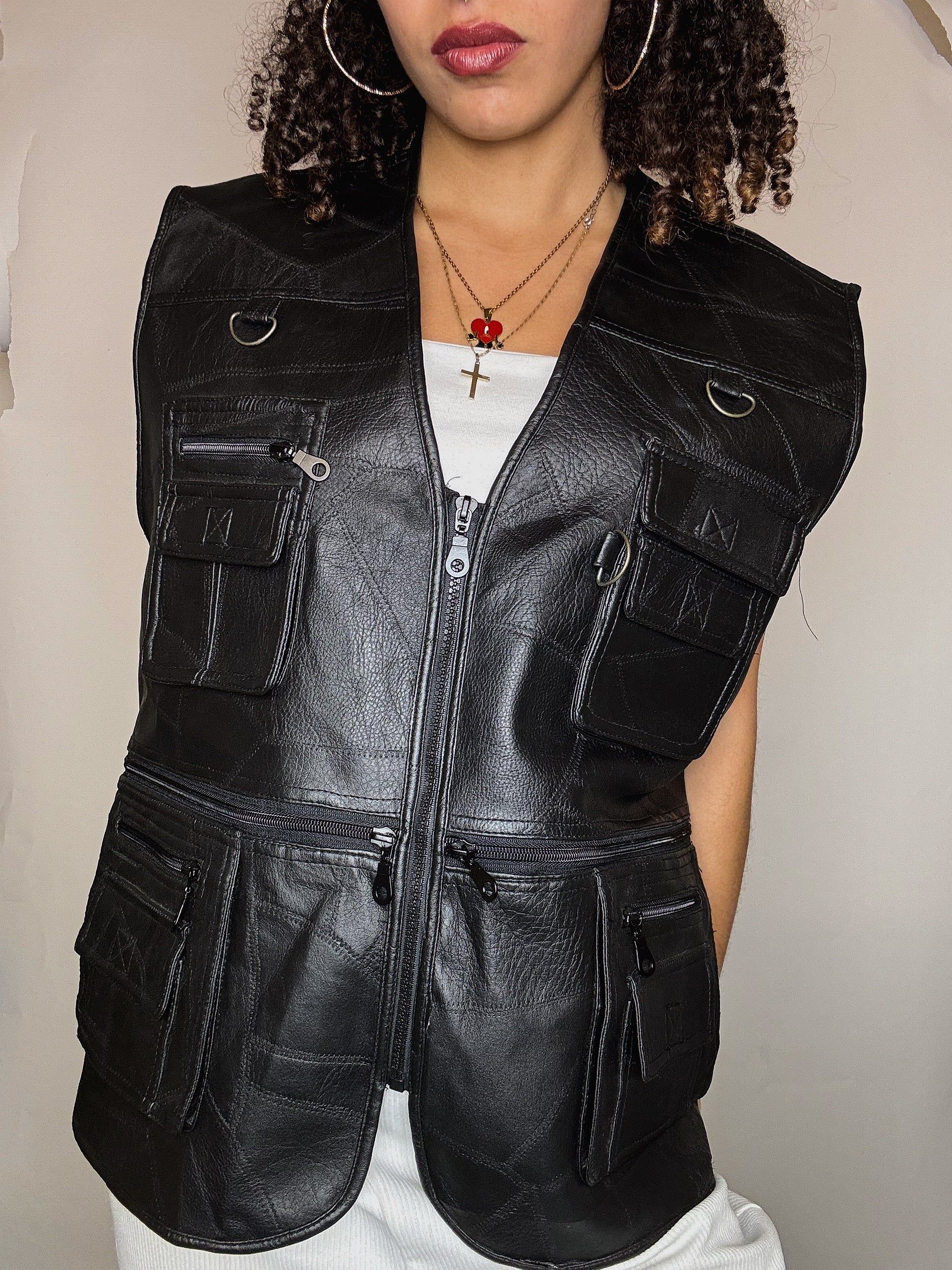 Gilet à poches en imitation cuir L/XL vintage