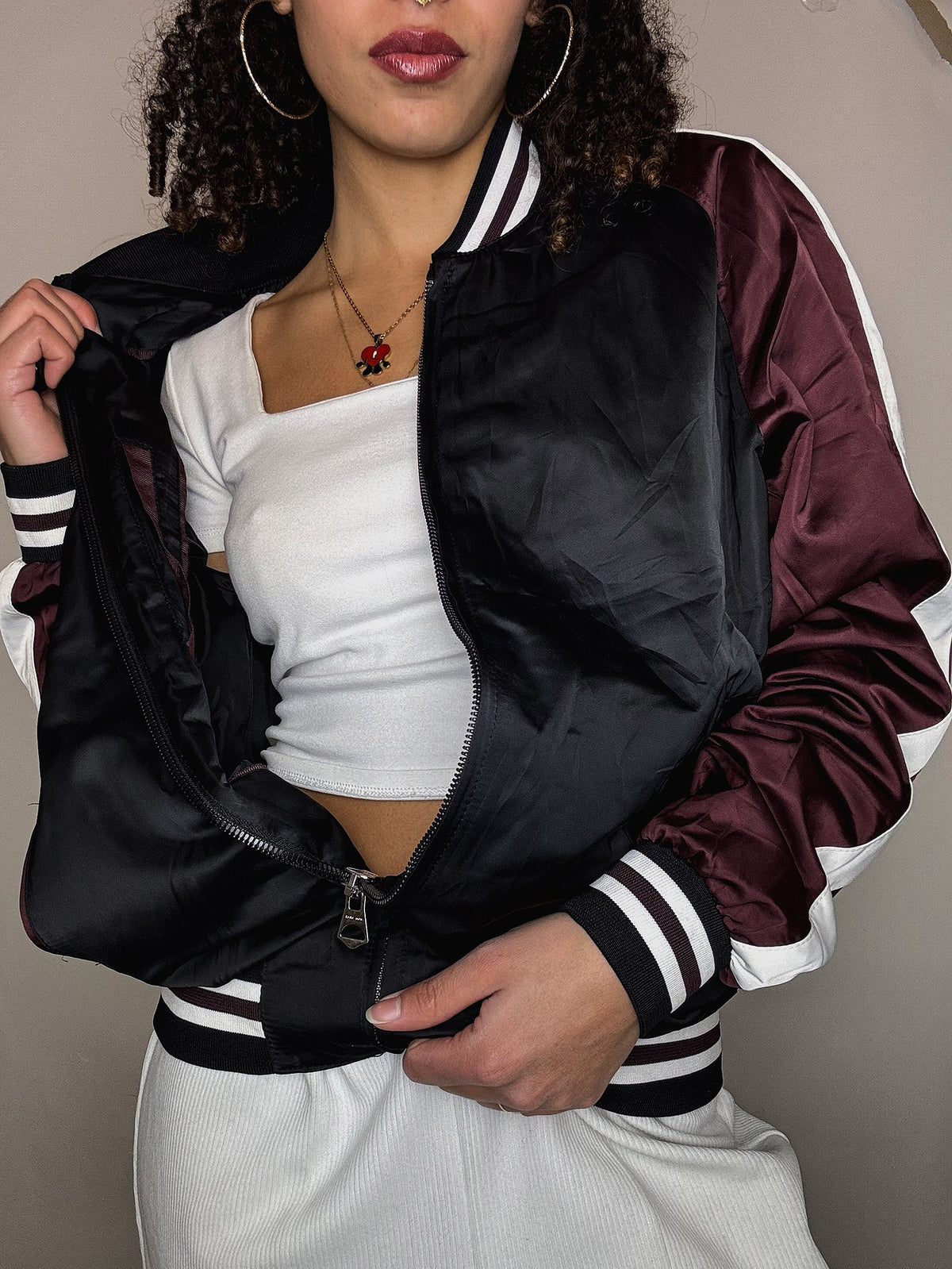 Vintage Nylon-Bomberjacke in Bordeaux und Schwarz, Größe L