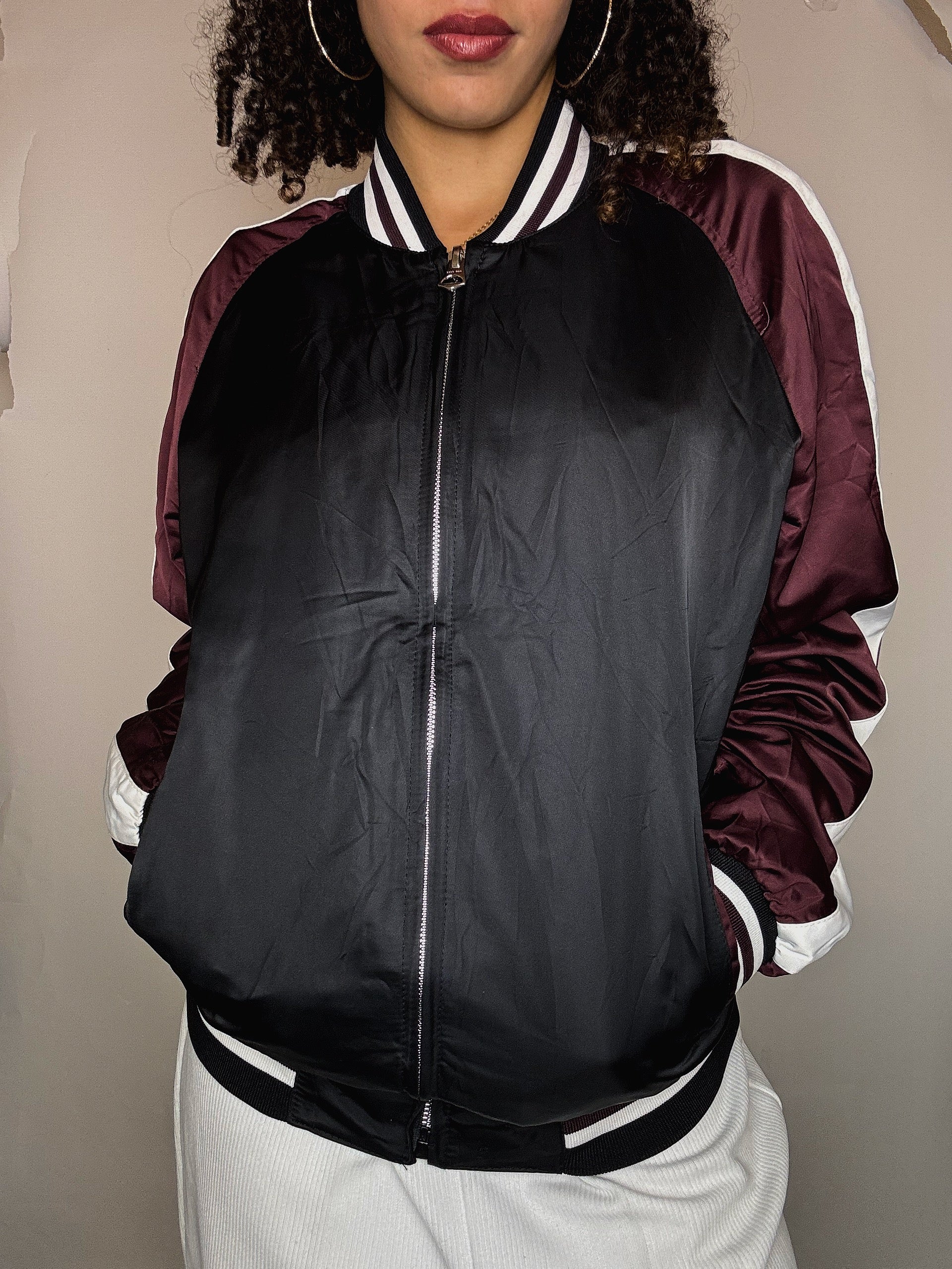 Bomber en nylon bordeaux et noir L vintage