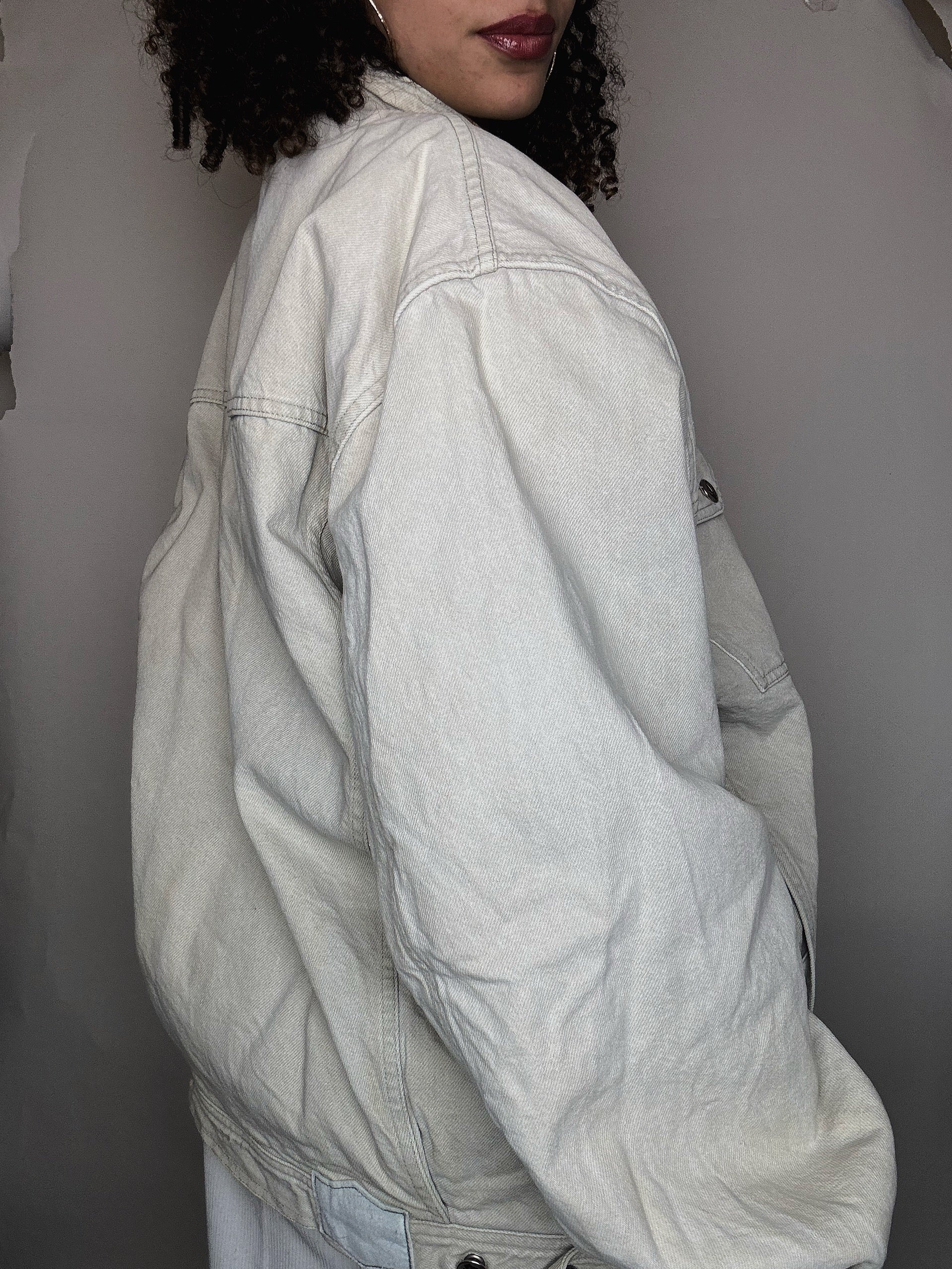 Veste doublée beige avec col en cuir XL vintage