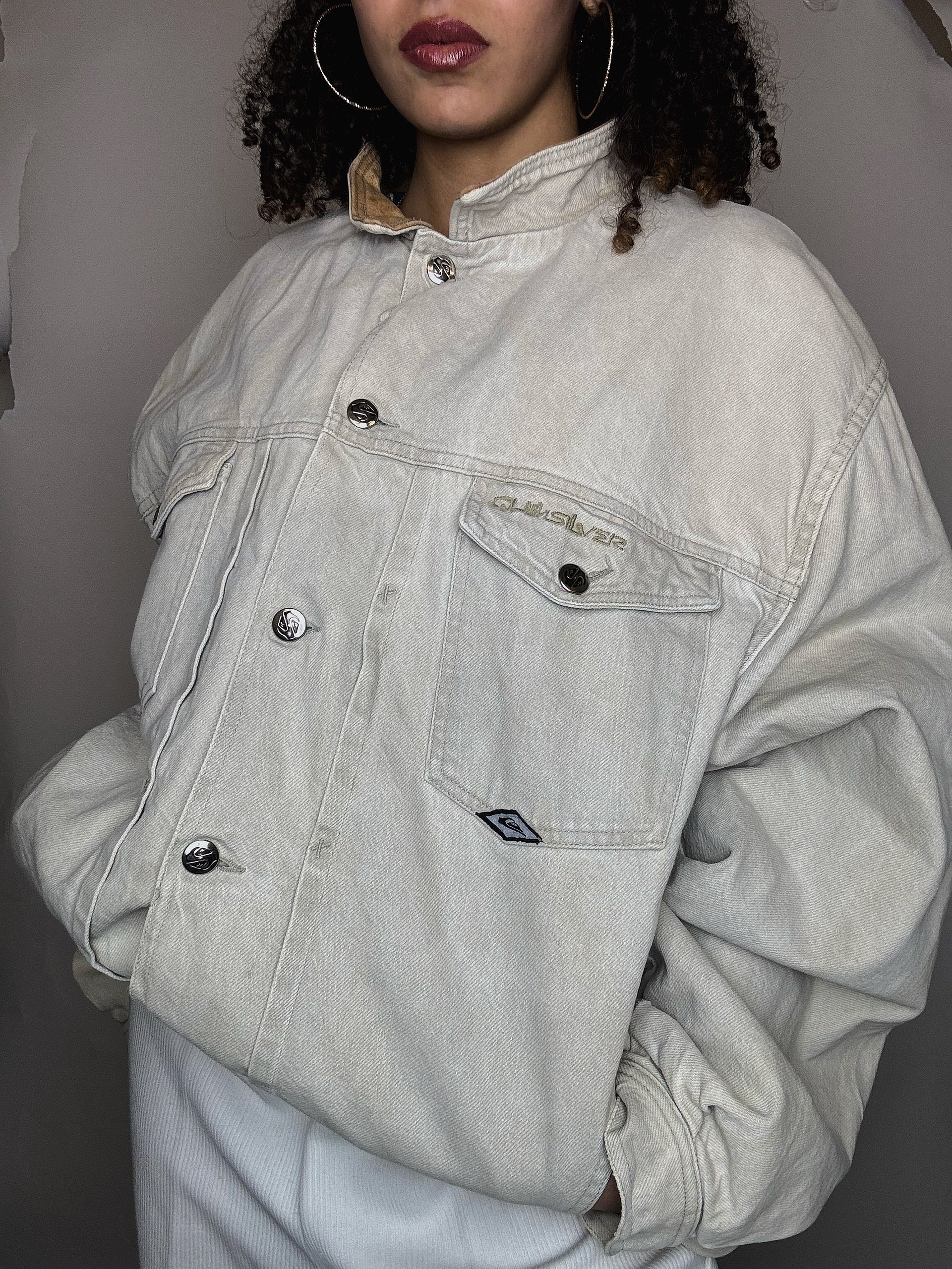 Veste doublée beige avec col en cuir XL vintage