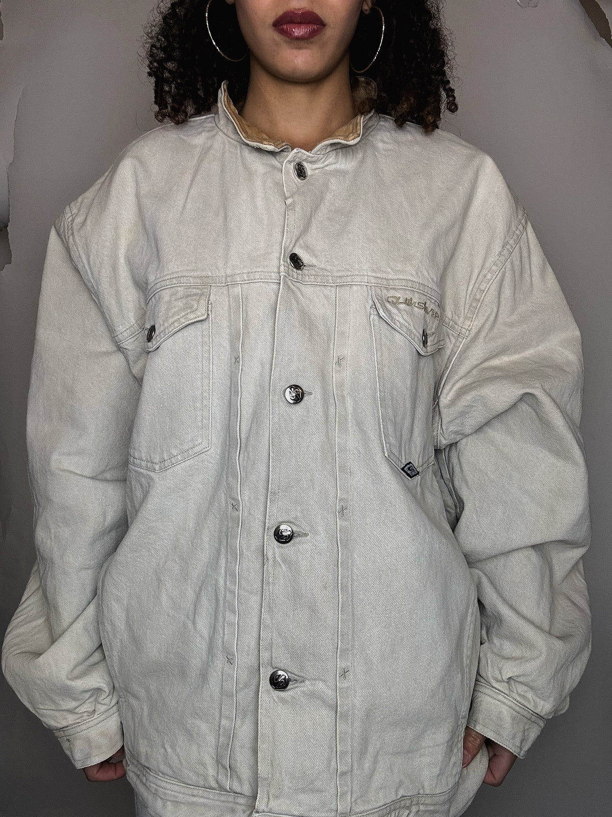 Veste doublée beige avec col en cuir XL vintage