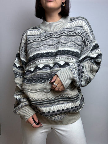 Vintage beige and gray wool sweater L