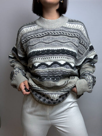 Vintage beige and gray wool sweater L