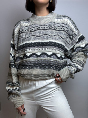 Vintage beige and gray wool sweater L