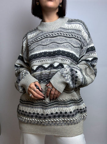 Vintage beige and gray wool sweater L