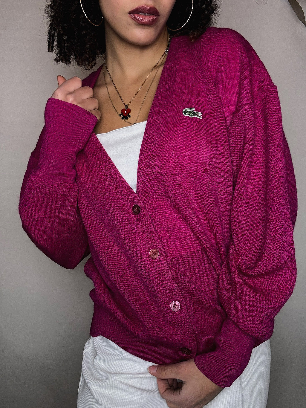 Lacoste M vintage fuchsia knit cardigan