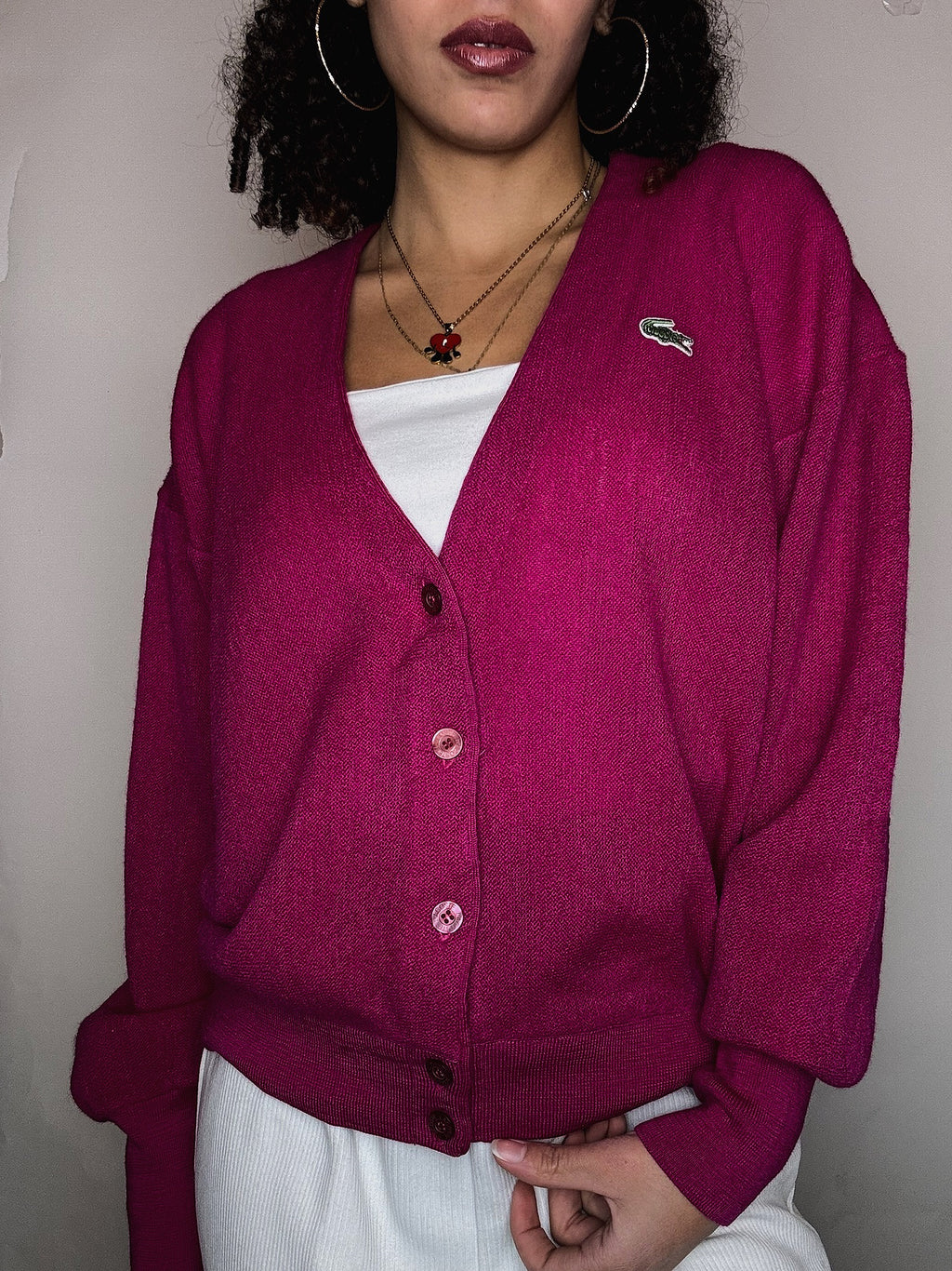 Lacoste M vintage fuchsia knit cardigan