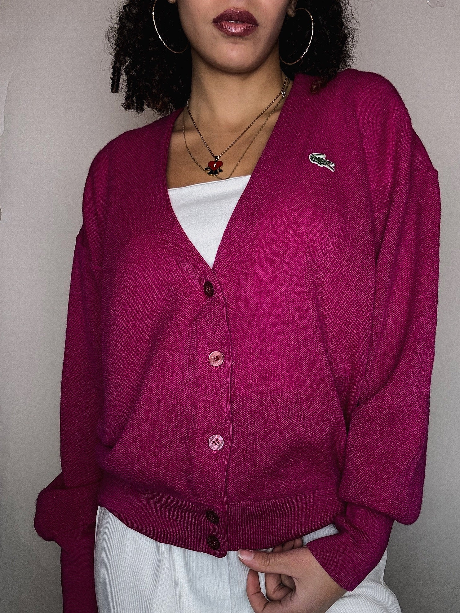 Cardigan en maille fuchsia Lacoste M vintage