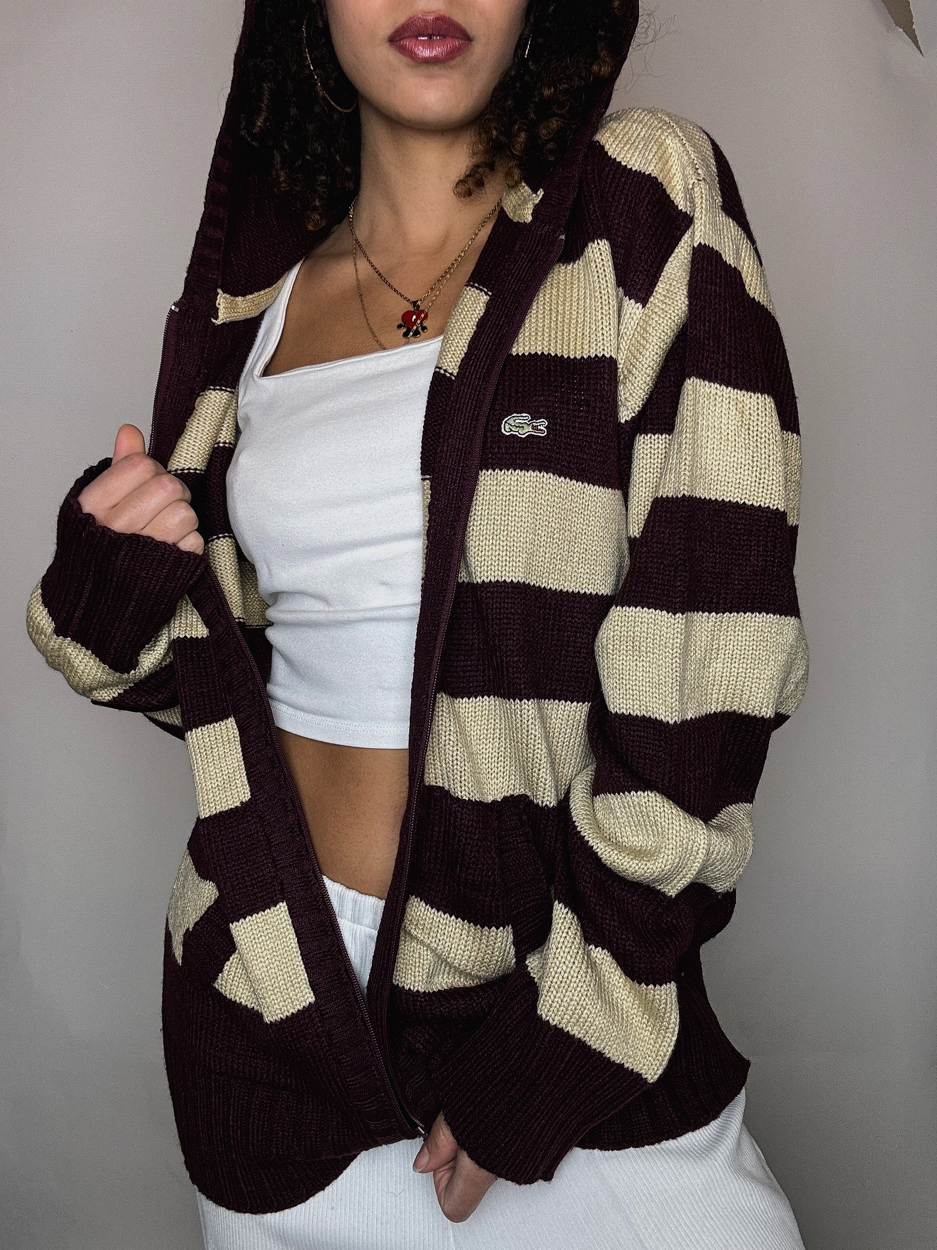Vintage Lacoste gestreifte Strickjacke mit Reißverschluss