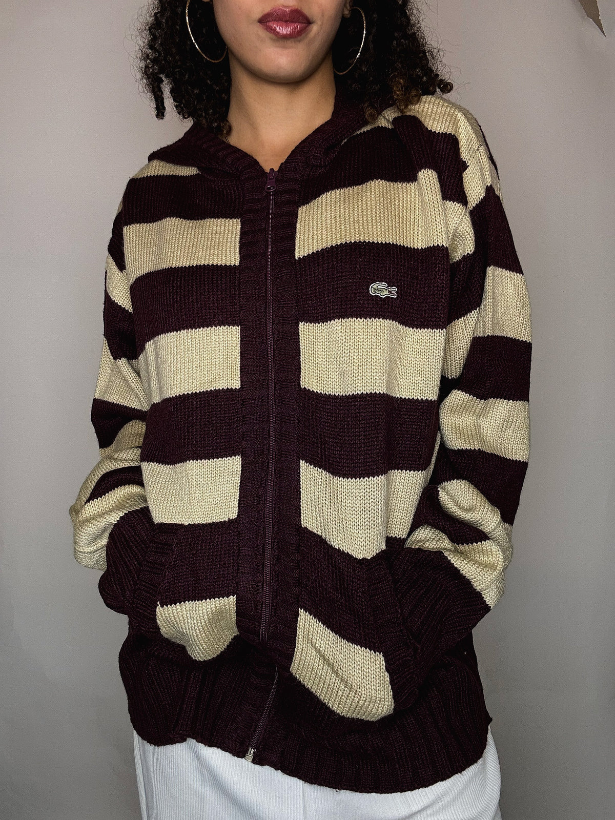 Vintage Lacoste gestreifte Strickjacke mit Reißverschluss