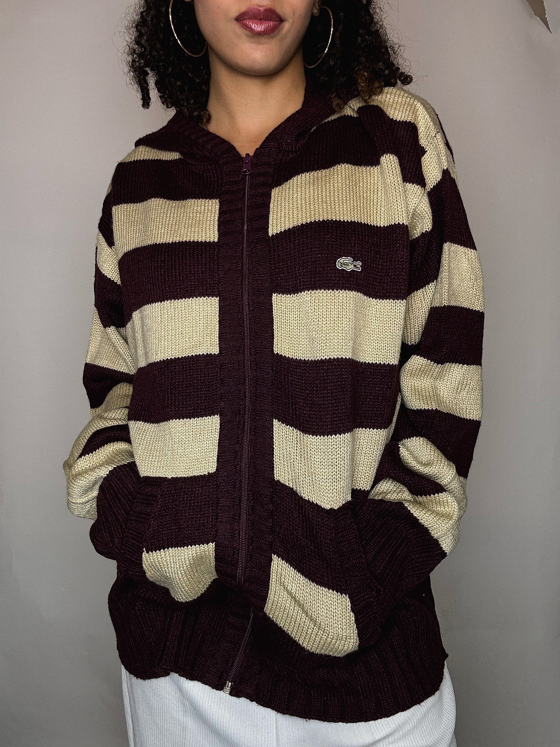 Vintage Lacoste gestreifte Strickjacke mit Reißverschluss