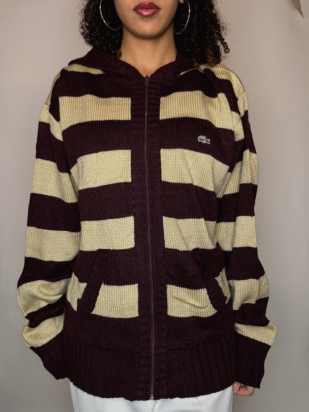 Vintage Lacoste gestreifte Strickjacke mit Reißverschluss