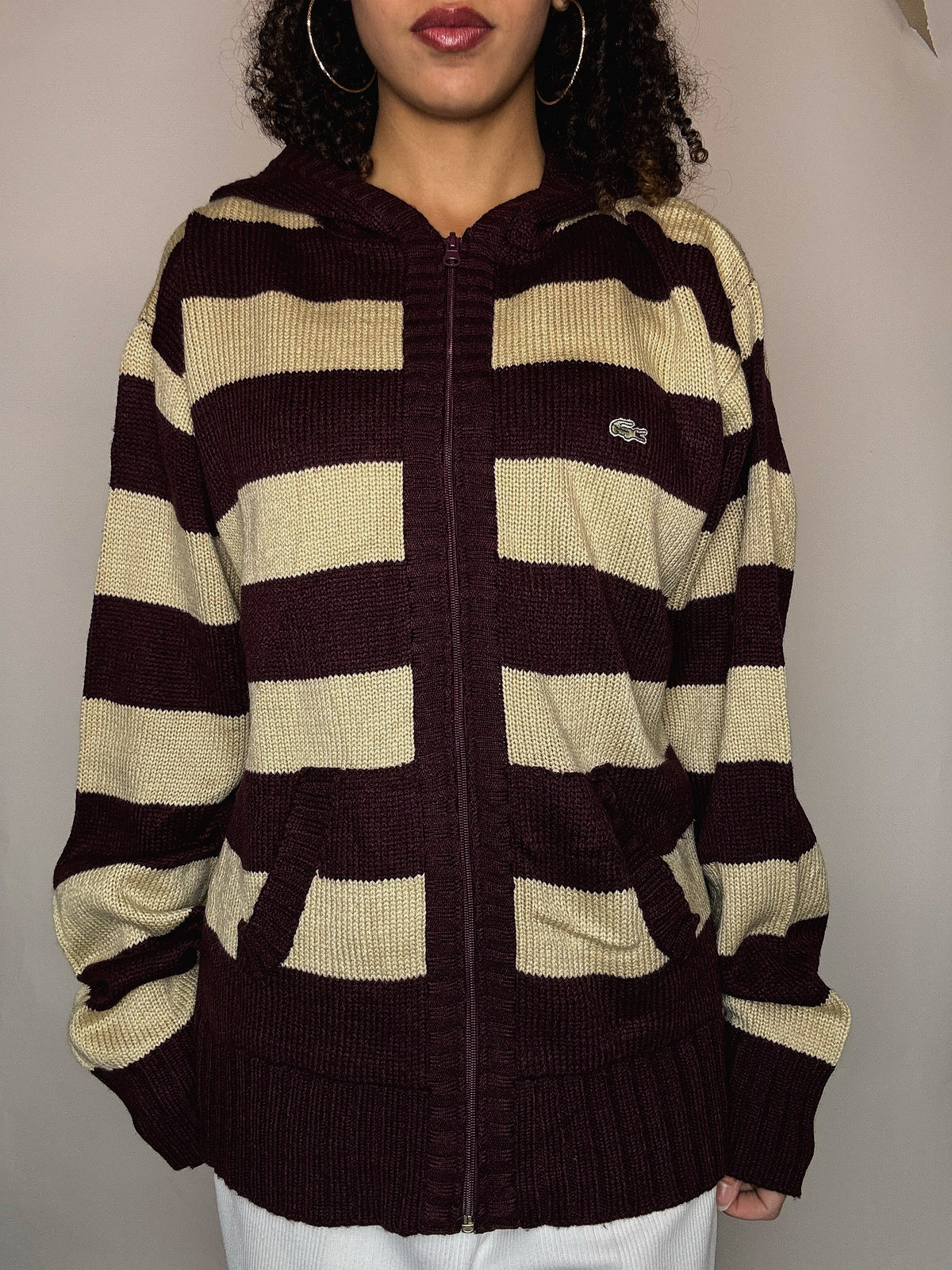 Vintage Lacoste gestreifte Strickjacke mit Reißverschluss