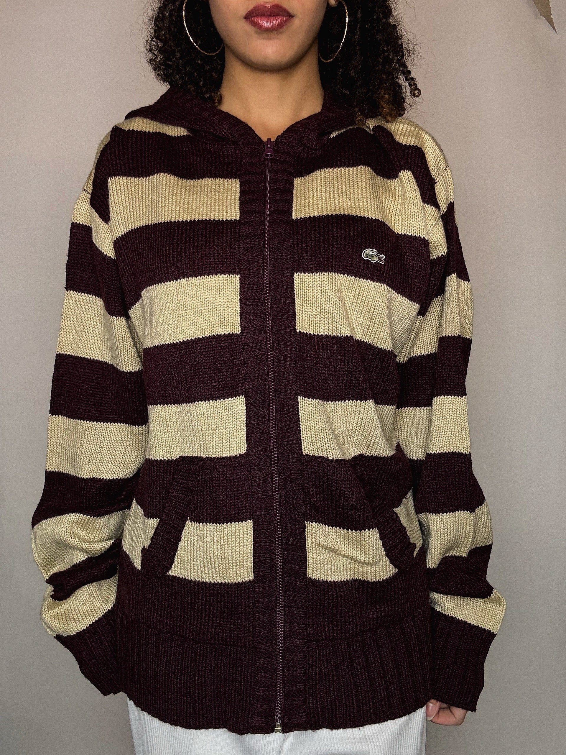 Vintage Lacoste gestreifte Strickjacke mit Reißverschluss
