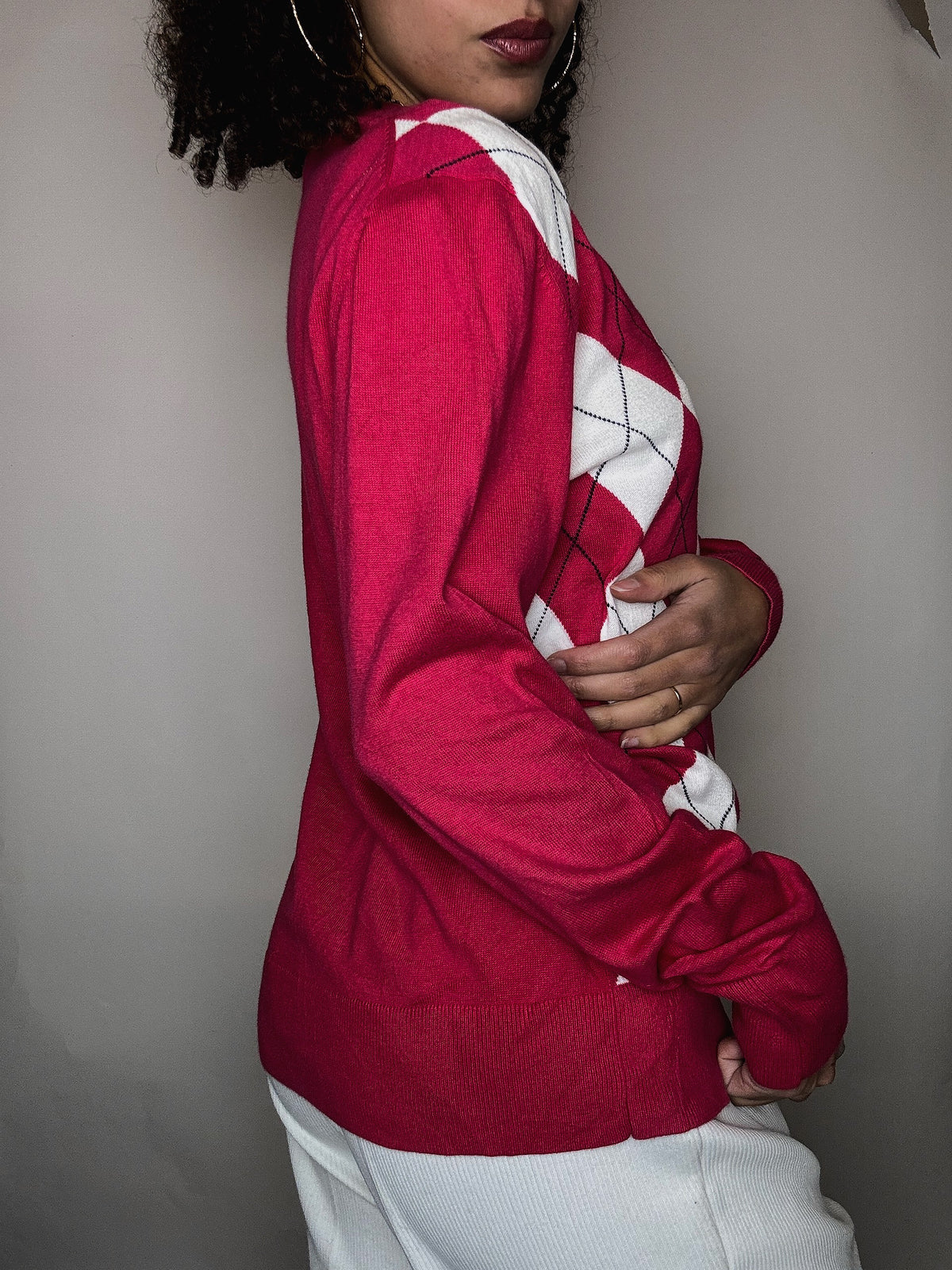 Pull en maille à motif rose Tommy Hilfiger L vintage