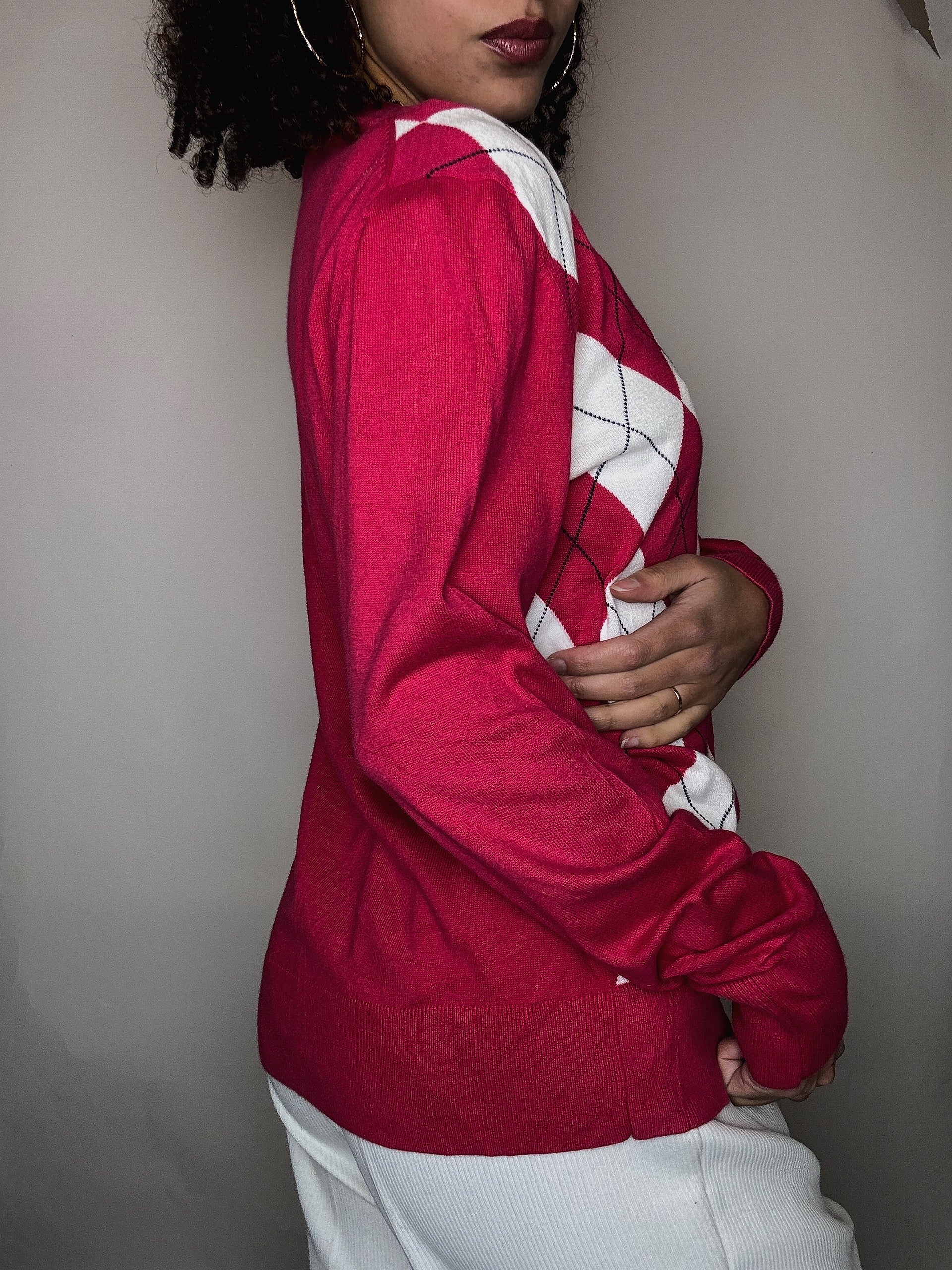 Pull en maille à motif rose Tommy Hilfiger L vintage