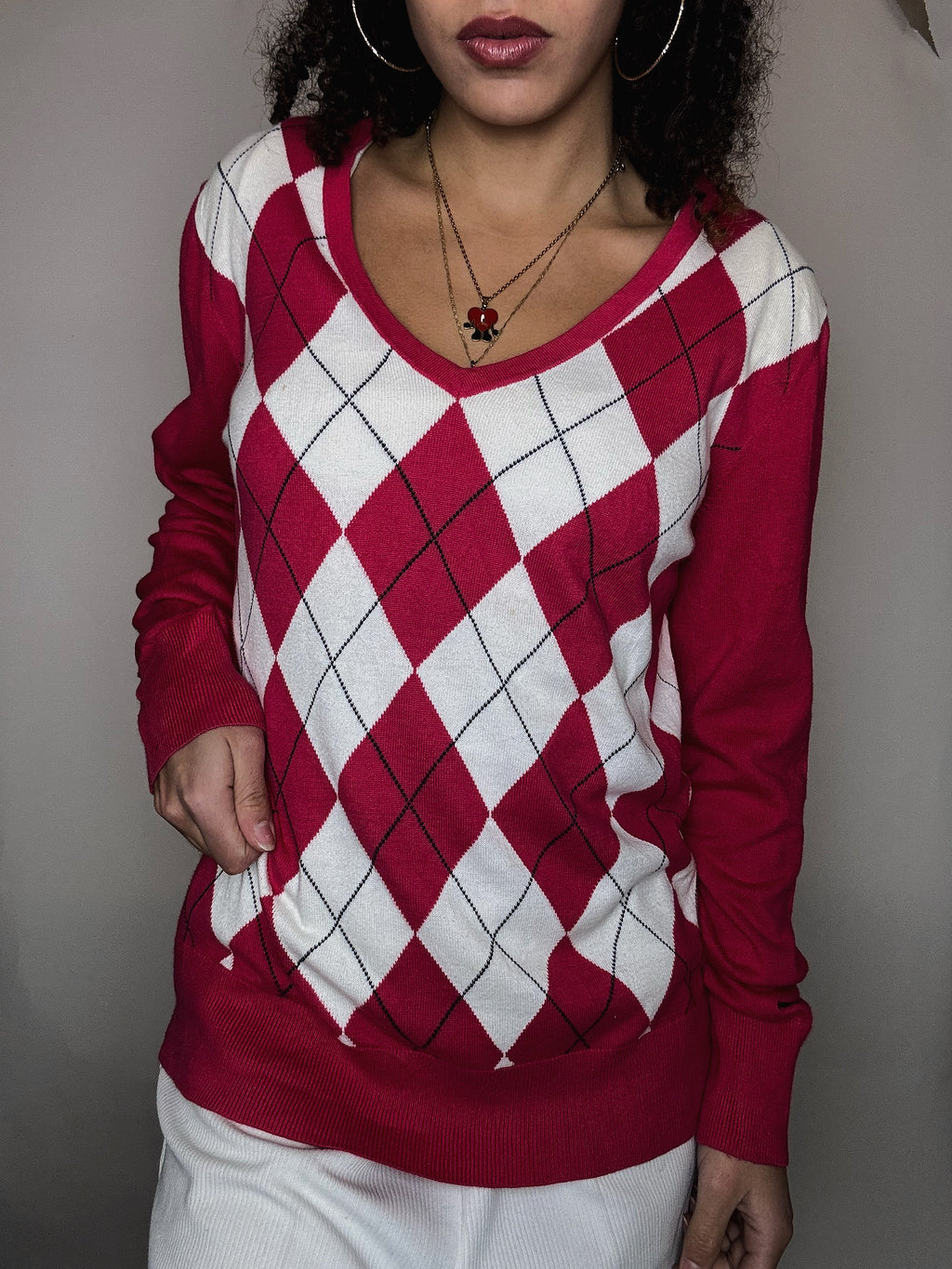 Pull en maille à motif rose Tommy Hilfiger L vintage