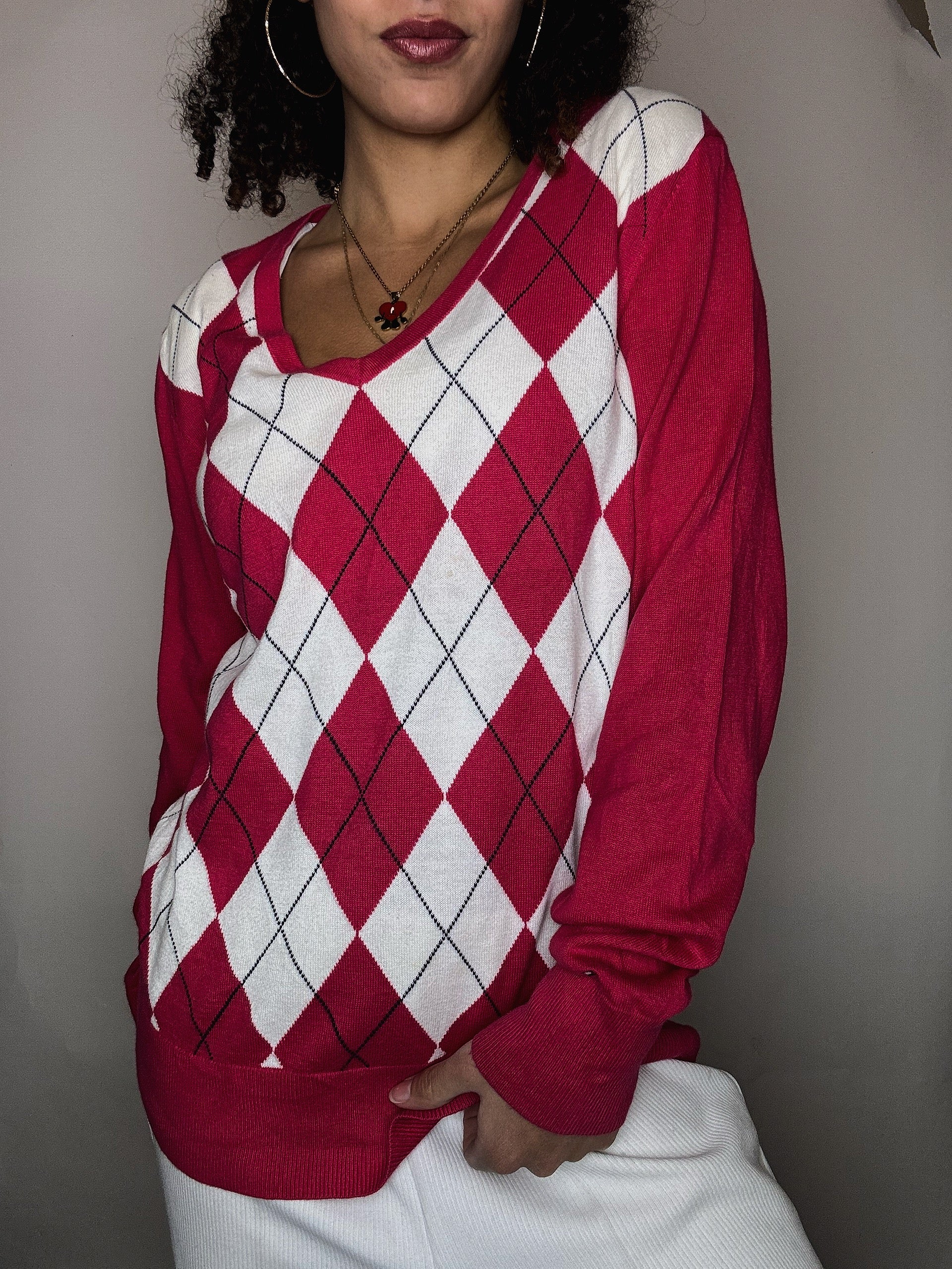 Pull en maille à motif rose Tommy Hilfiger L vintage