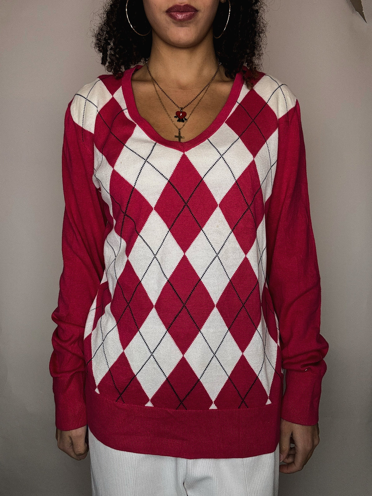 Pull en maille à motif rose Tommy Hilfiger L vintage