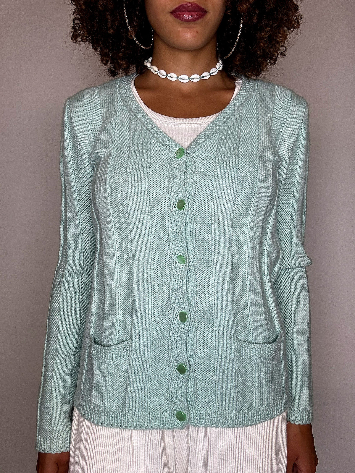 Vintage-Strickjacke aus hellgrüner Wolle, Größe S/M