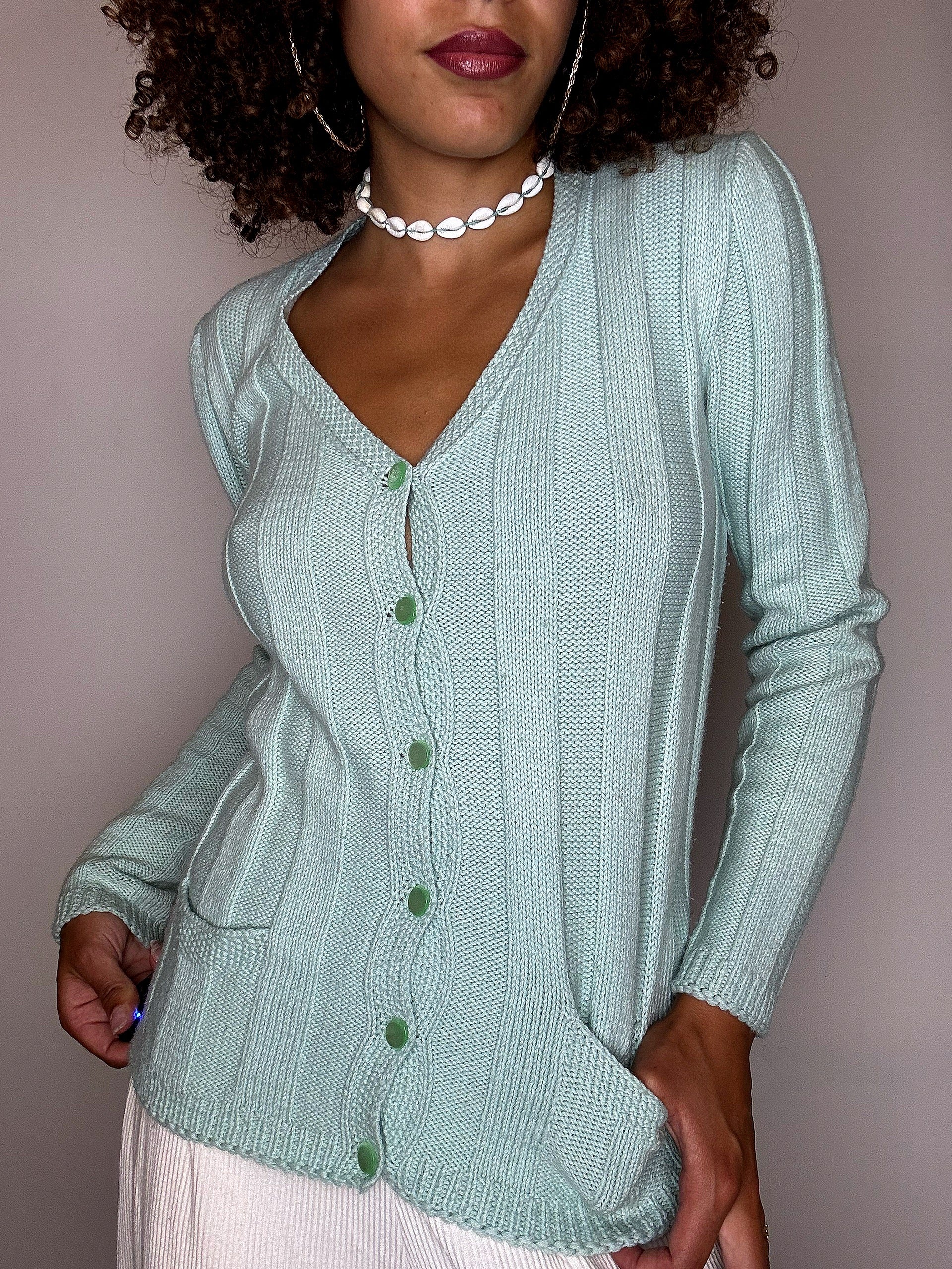 Vintage-Strickjacke aus hellgrüner Wolle, Größe S/M