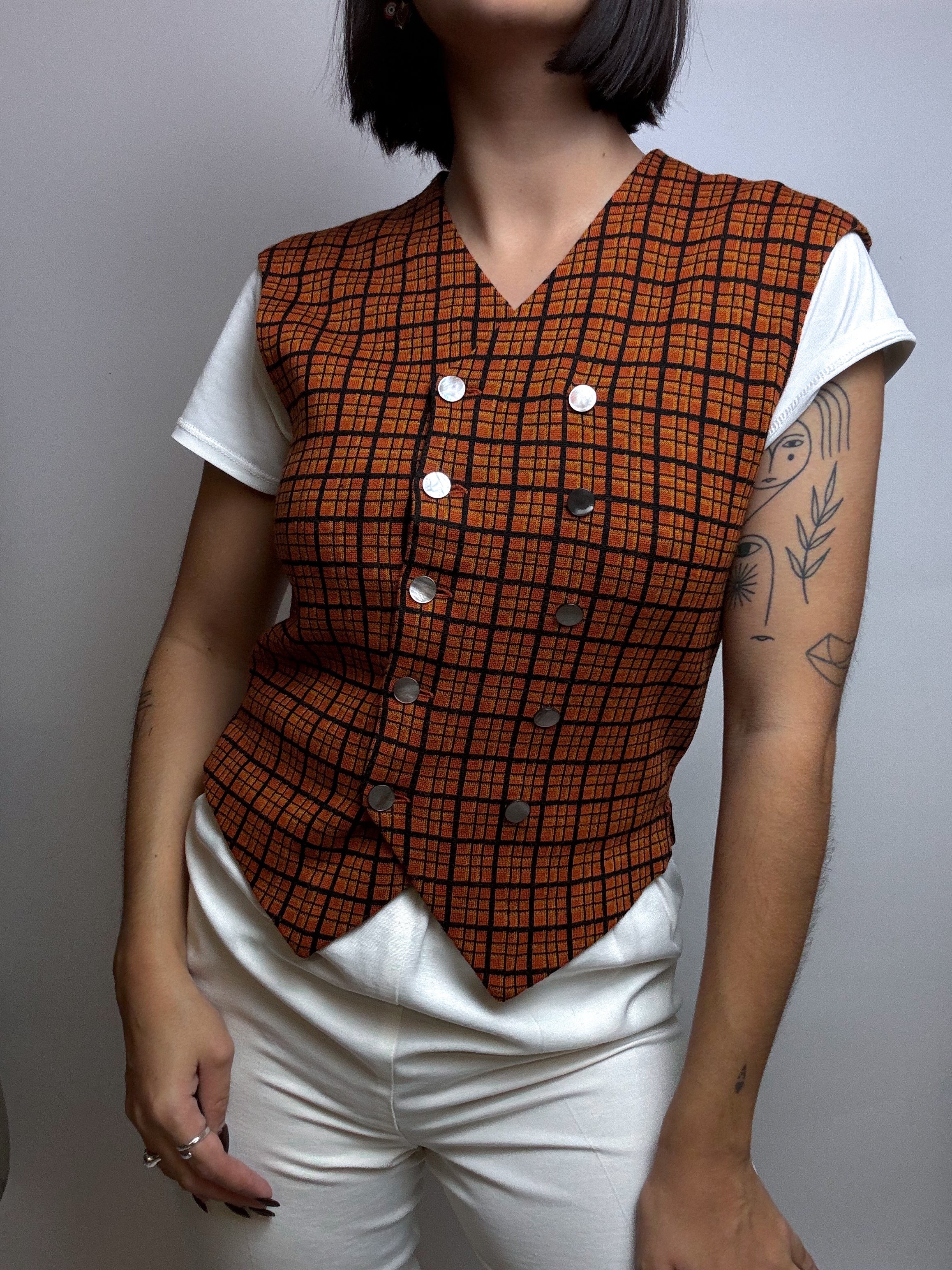Gilet orange à carreaux Vintage S