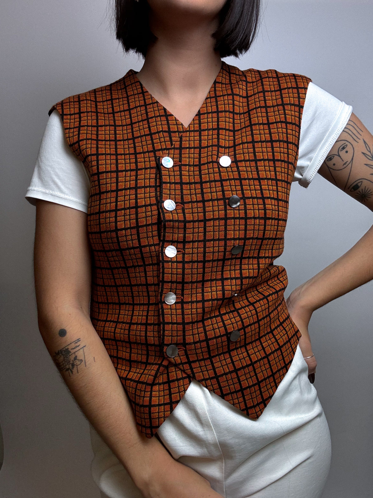 Gilet orange à carreaux Vintage S