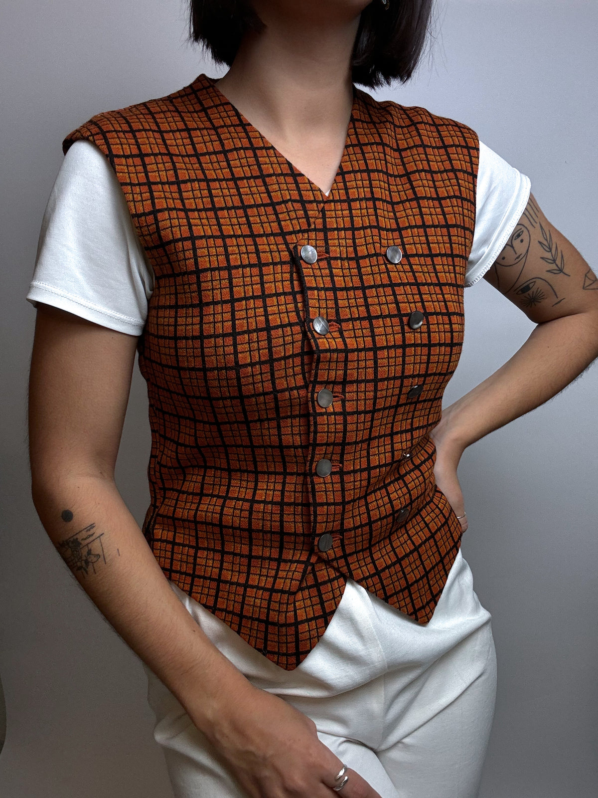 Gilet orange à carreaux Vintage S