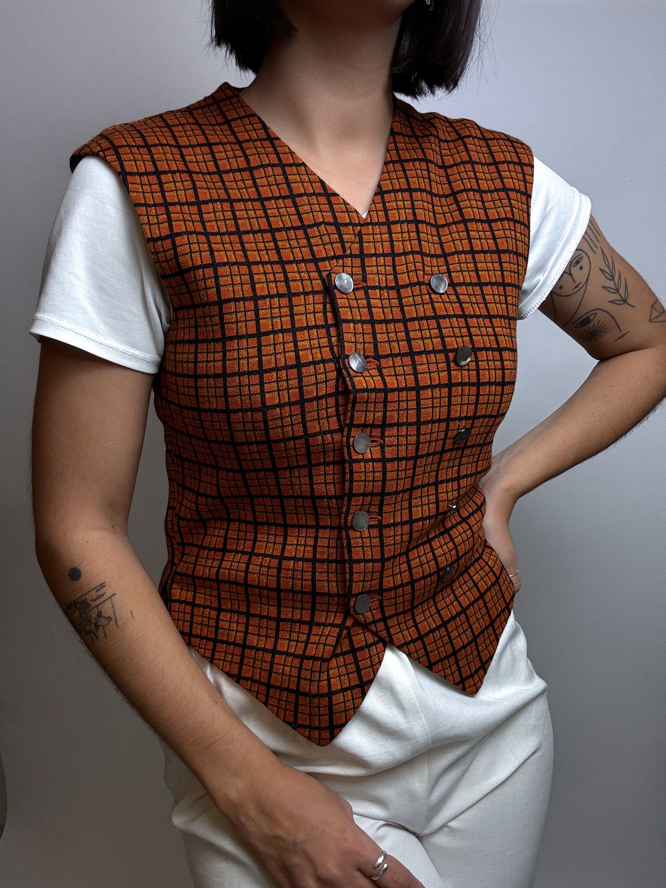 Gilet orange à carreaux Vintage S