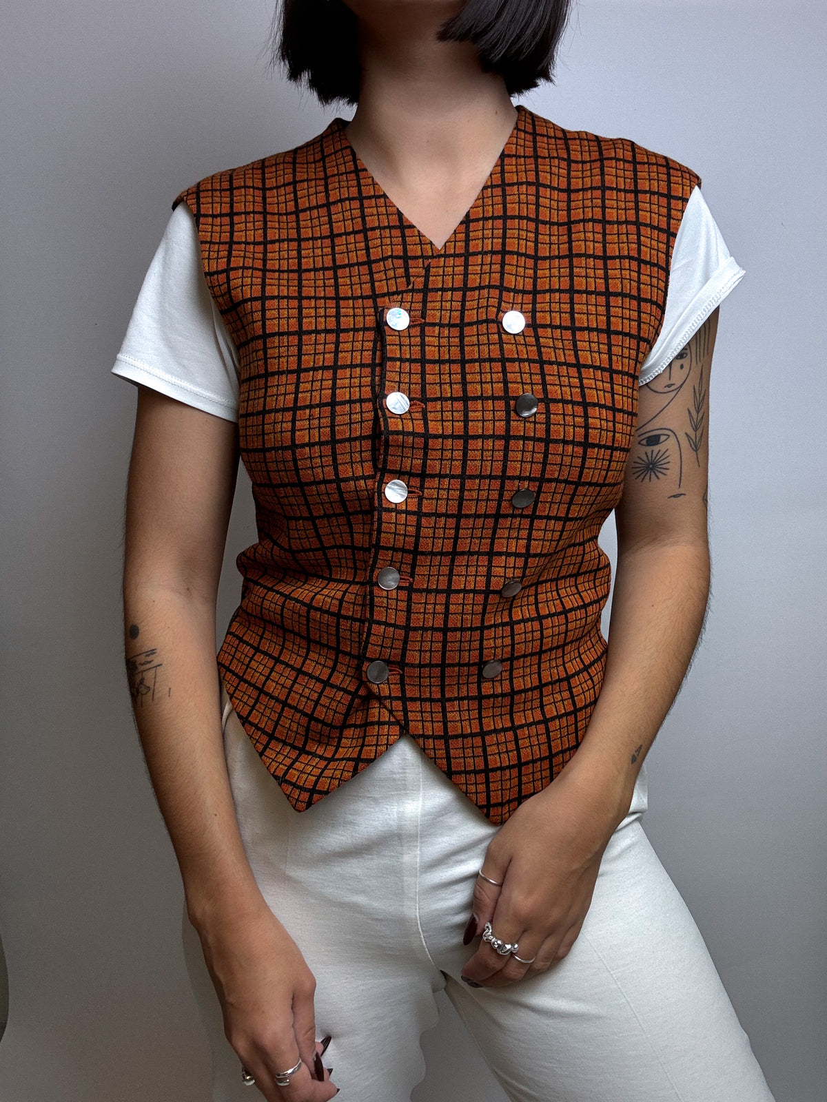 Gilet orange à carreaux Vintage S