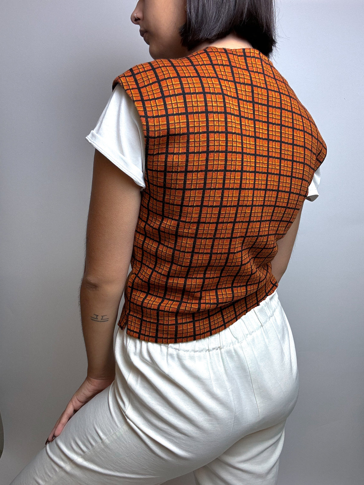 Gilet orange à carreaux Vintage S