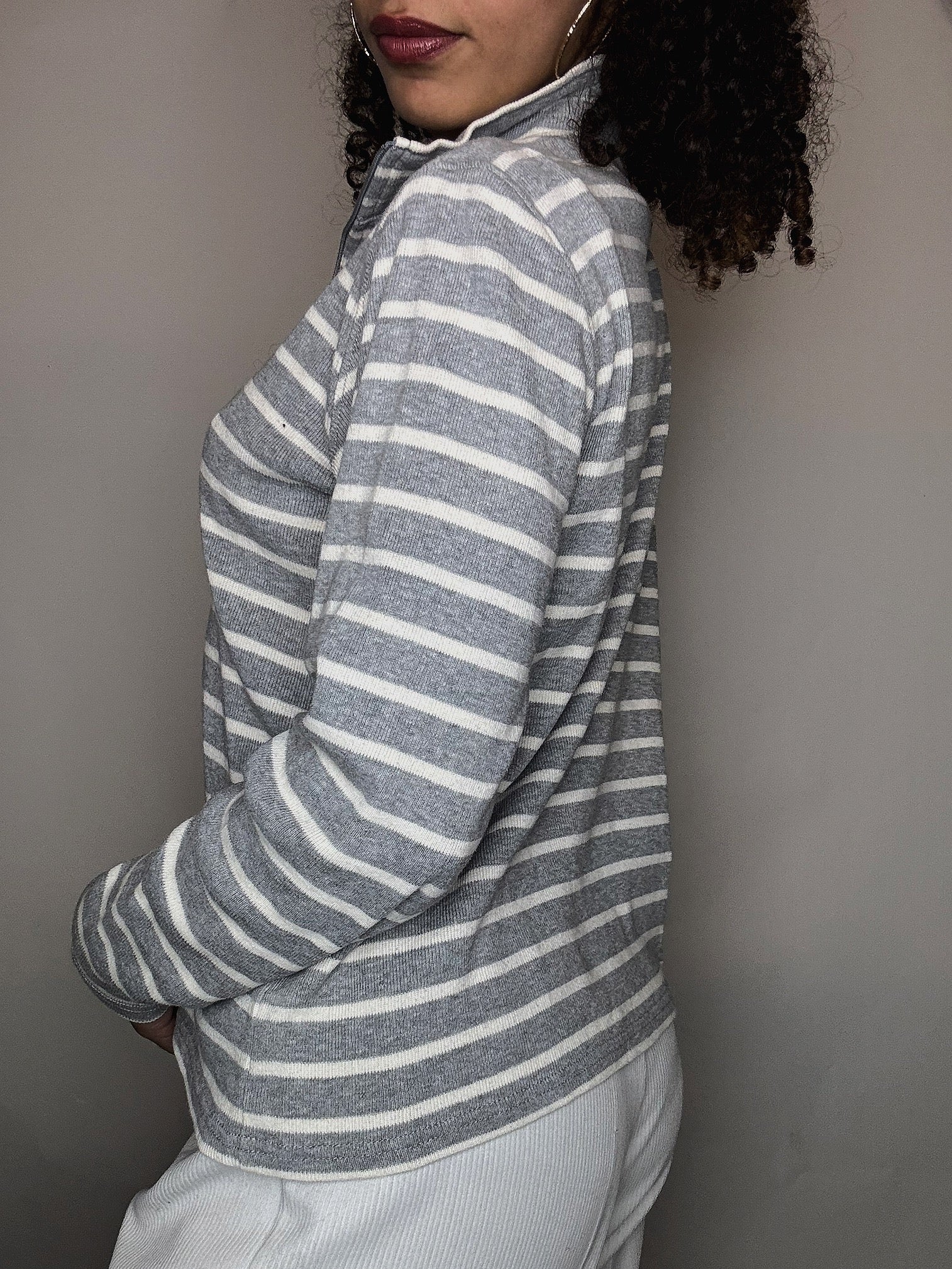 Pull zippé gris rayé L.L.Bean M vintage