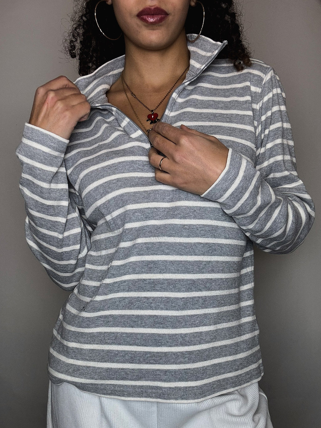 Vintage L.L.Bean M Gray Striped Zip Pullover