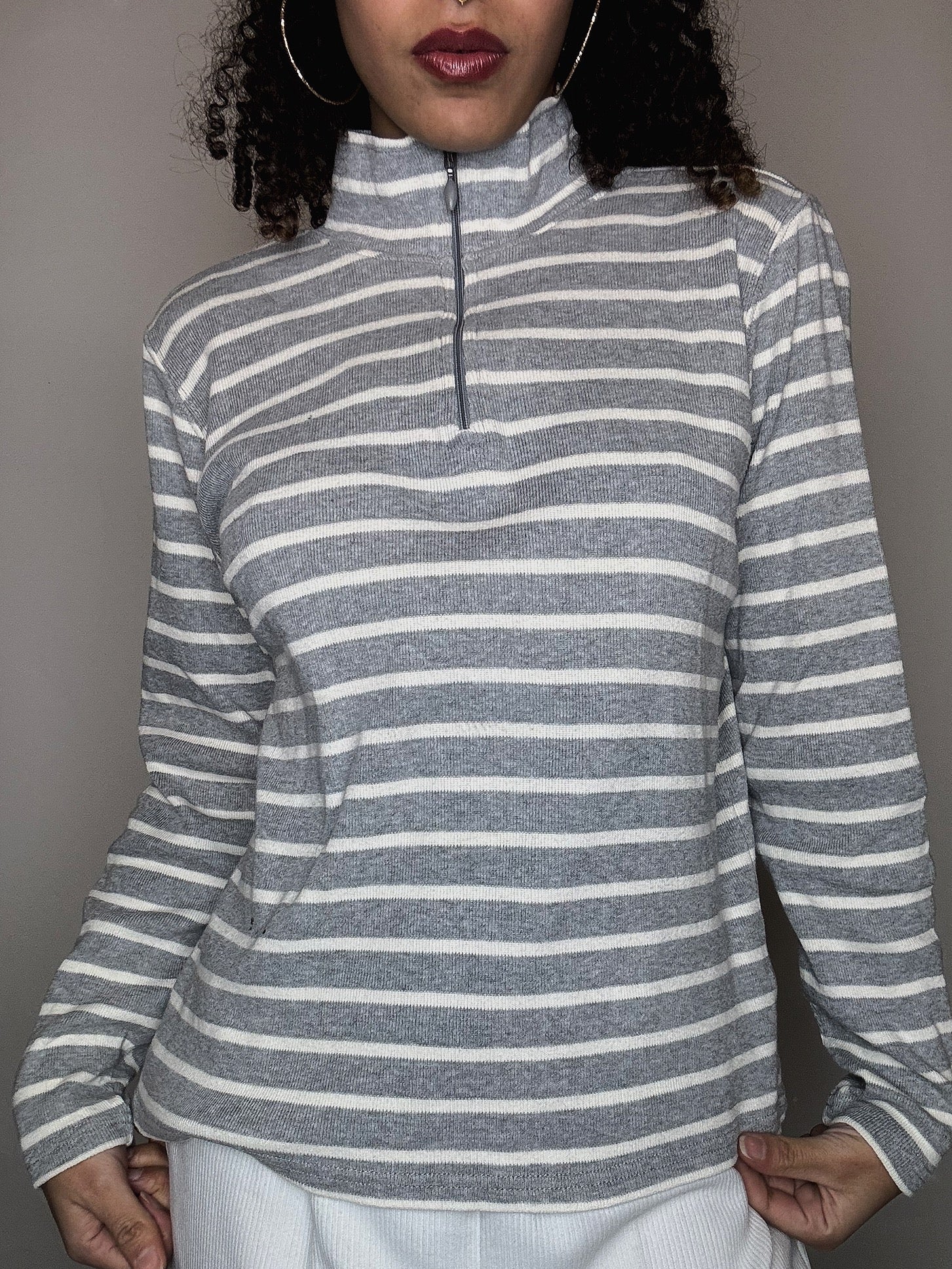Pull zippé gris rayé L.L.Bean M vintage