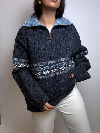 Vintage blue zipped wool sweater L