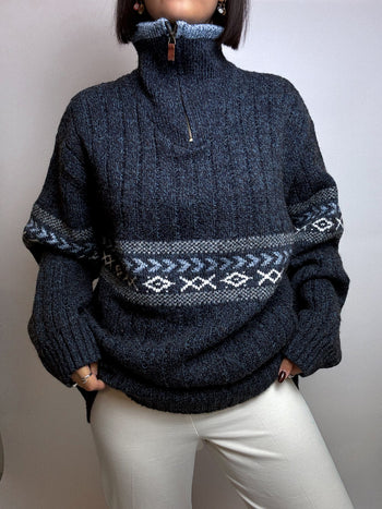 Vintage blue zipped wool sweater L